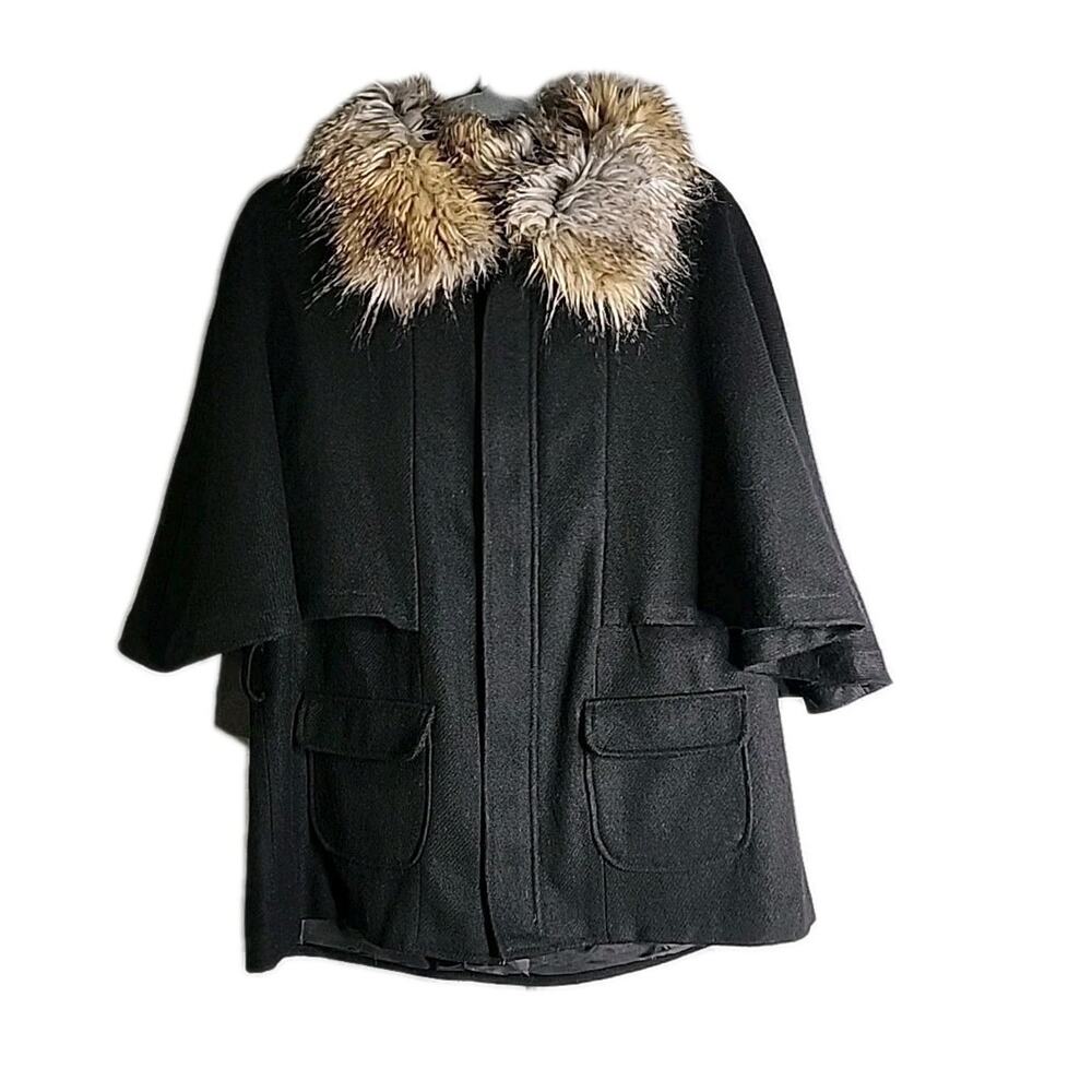 Donna Salyers Black Cape Coat Sz Large Wool Blend Faux Fur Trim Missing Belt